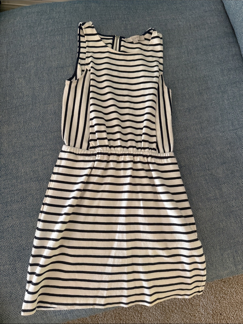 LOFT White and Deep Navy Striped Sleeveless Dress